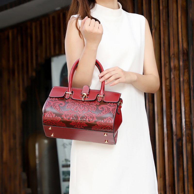 Sac bandoulière mode vintage pour femmes en cuir véritable ovale embossé