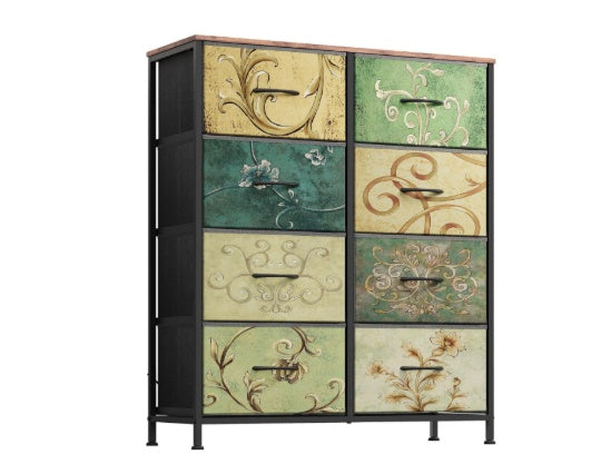 Table de chevet avec une boîte en tissu amovible, meuble d'organisation à cadre en acier et dessus en bois robuste