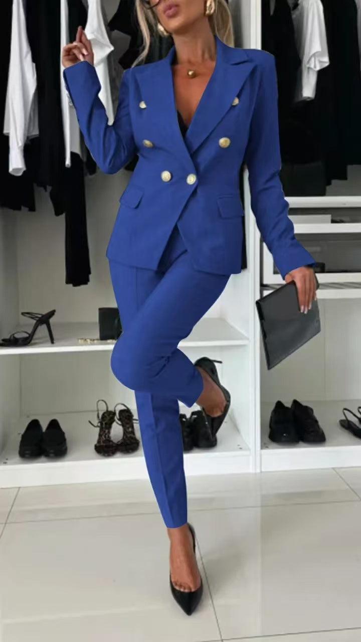 Nouveau ensemble bureau femme : veste boutonnée col revers et pantalon slim casual