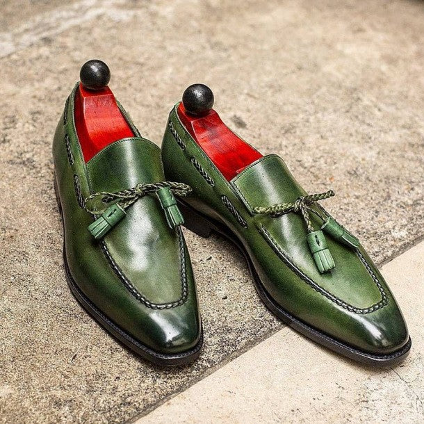 Chaussures homme vertes à pompons, en PU, bout rond de style britannique