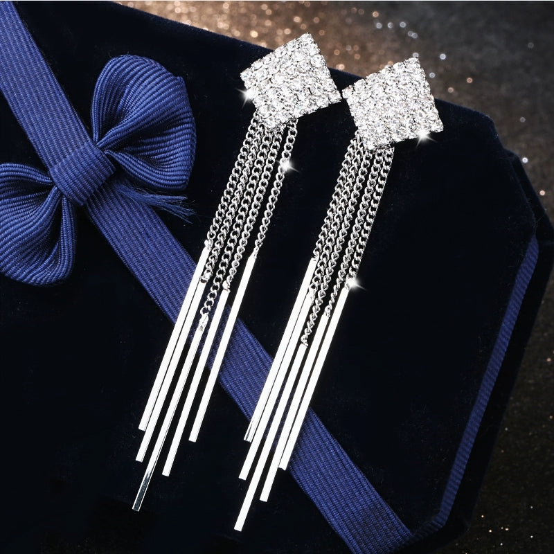 1 Paire de Boucles d'Oreilles Pendantes Carrées Longues en Argent Sterling 999 avec Diamants, Éclatantes & Élégantes, Parfaites Quotidien, Rendez-vous & Fêtes, Cadeau Idéal pour la Saint-Valentin