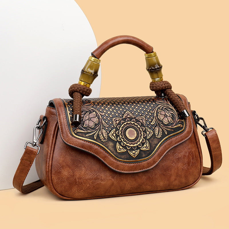 Sac bandoulière rétro carré horizontal en cuir embossé fait main, élégant et pratique