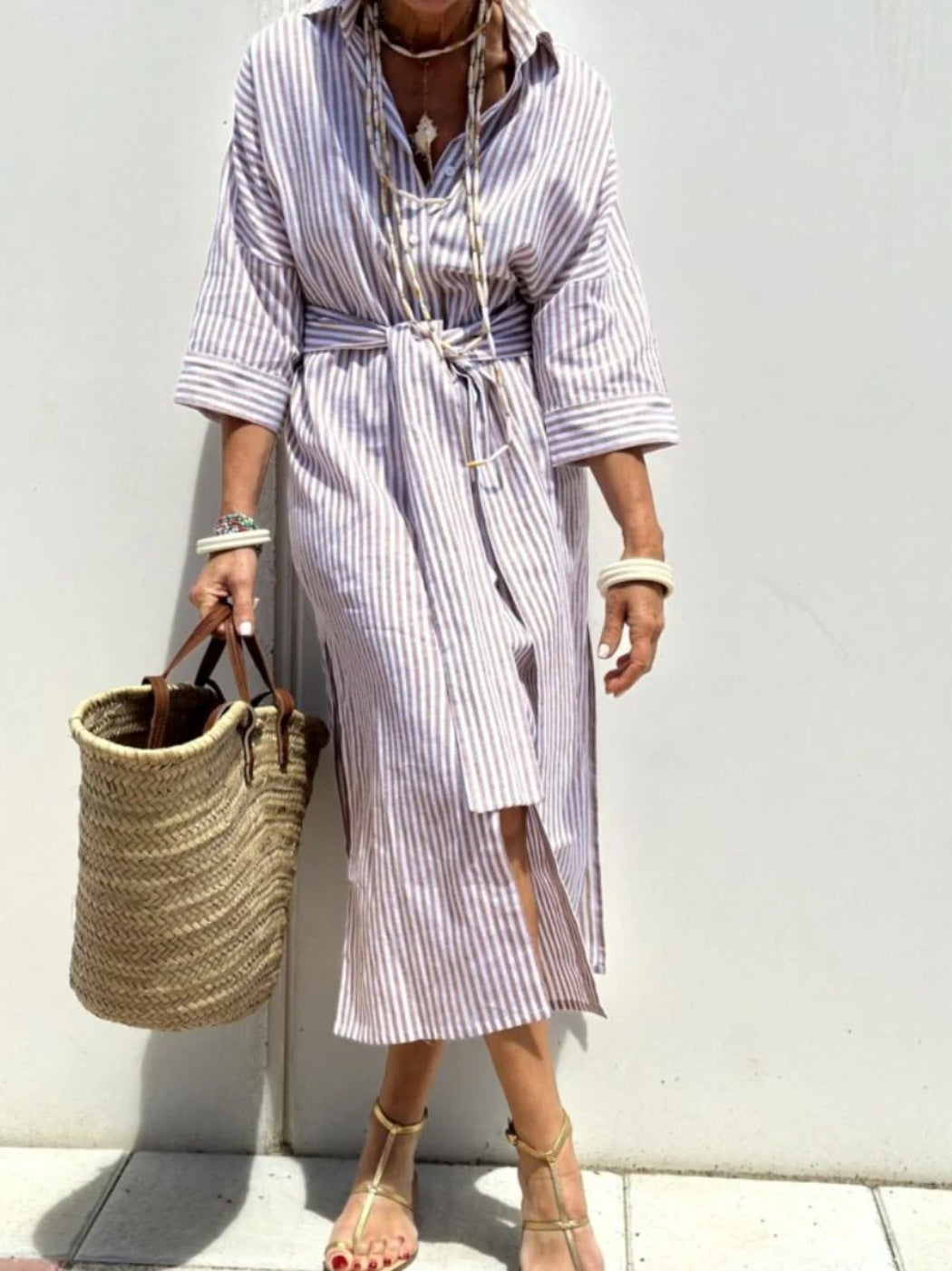 Robe Chemise Rayée Avec Ceinture, Manches Mi-longues, Col Revers, Boutons – Vêtement Femme Élégant