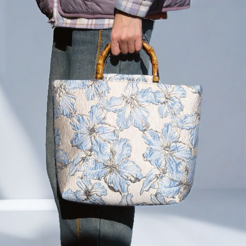 Sac en toile pour femme bleu clair à fleurs dorées