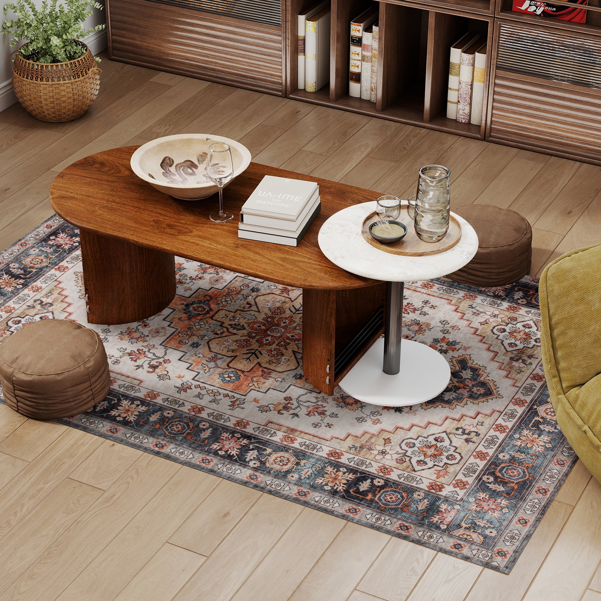 Tapis de zone 4x6, Tapis lavable en machine, Tapis à motif médaillon bohème antidérapant pour salon, chambre, brun fauve