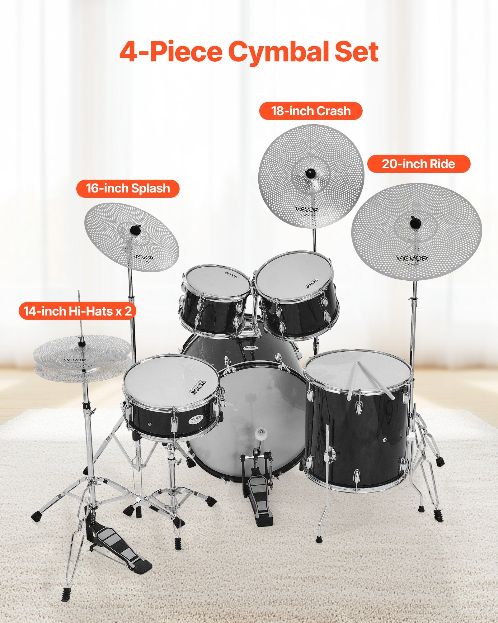 Low Volume Cymbal Pack, 4 Pieces Quiet Cymbals For Drum Set, Alloy Cymbals Drum Set Includes 14-inch Hi-Hats, 16-inch Crash, 18-inch Crash, 20-inch Ride, Drumsticks & Cymbal Bag, Bright Copper