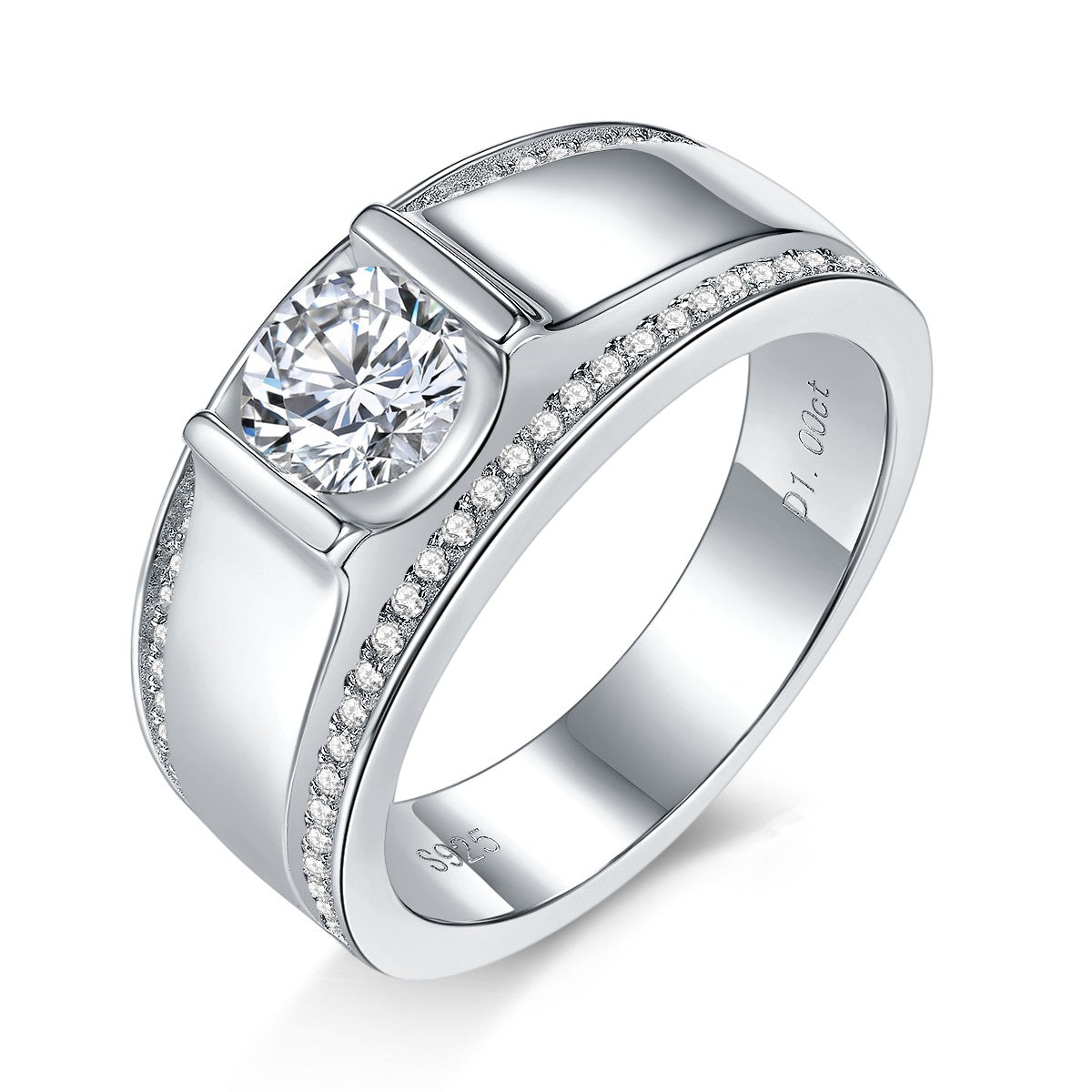 Bague Homme Moissanite S925 Argent Large Largeur Sertie Canaux Mariage GRA