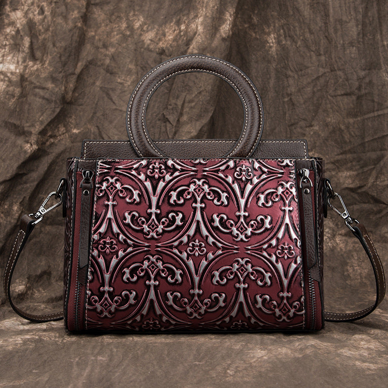 Sac à main rétro en cuir pleine fleur gaufré pour épaule et bandoulière