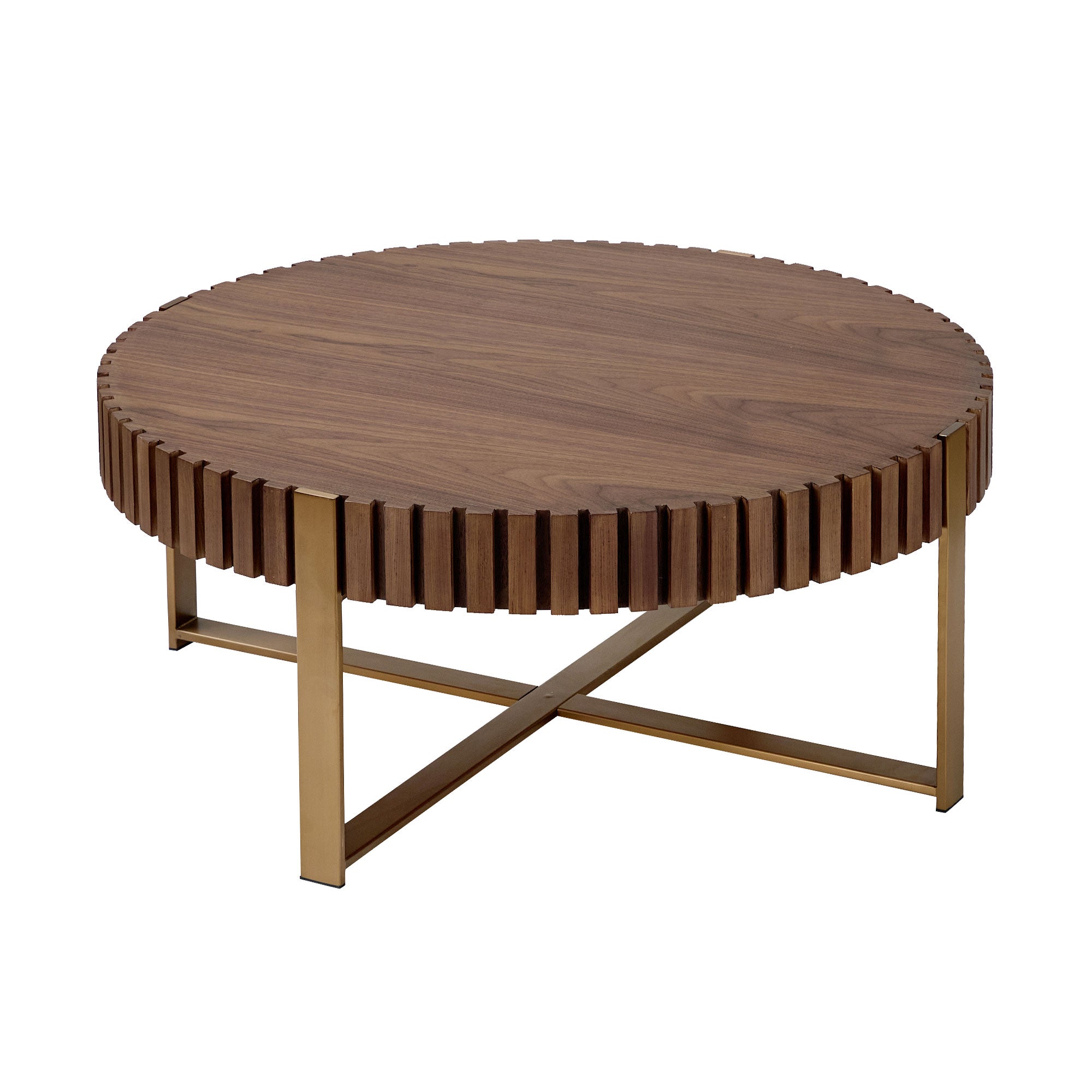 Table basse ronde moderne artisanale en forme de tambour de 31,5 pouces pour le salon, petite table basse avec pied robuste en noyer