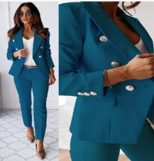 Nouveau ensemble bureau femme : veste boutonnée col revers et pantalon slim casual
