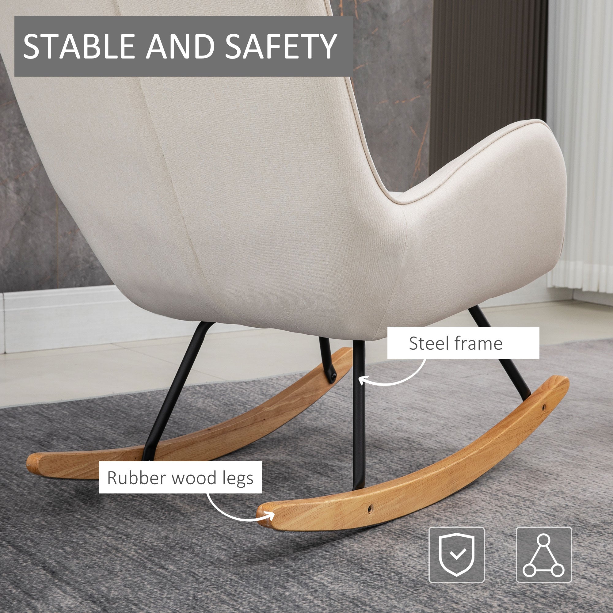 Fauteuil à bascule en tissu style milieu du siècle, fauteuil convertible capitonné à oreilles avec siège rembourré, base en bois d’hévéa pour maison, studio, chambre, salon, blanc crème