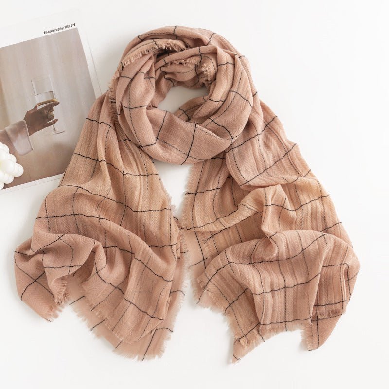 Écharpe à motif chevrons monochrome en cachemire artificiel pour femme, style simple et décontracté, châle chaud avec franges - IVOIRART.COM