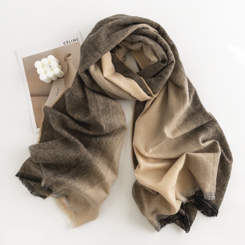 Écharpe à motif chevrons monochrome en cachemire artificiel pour femme, style simple et décontracté, châle chaud avec franges - IVOIRART.COM