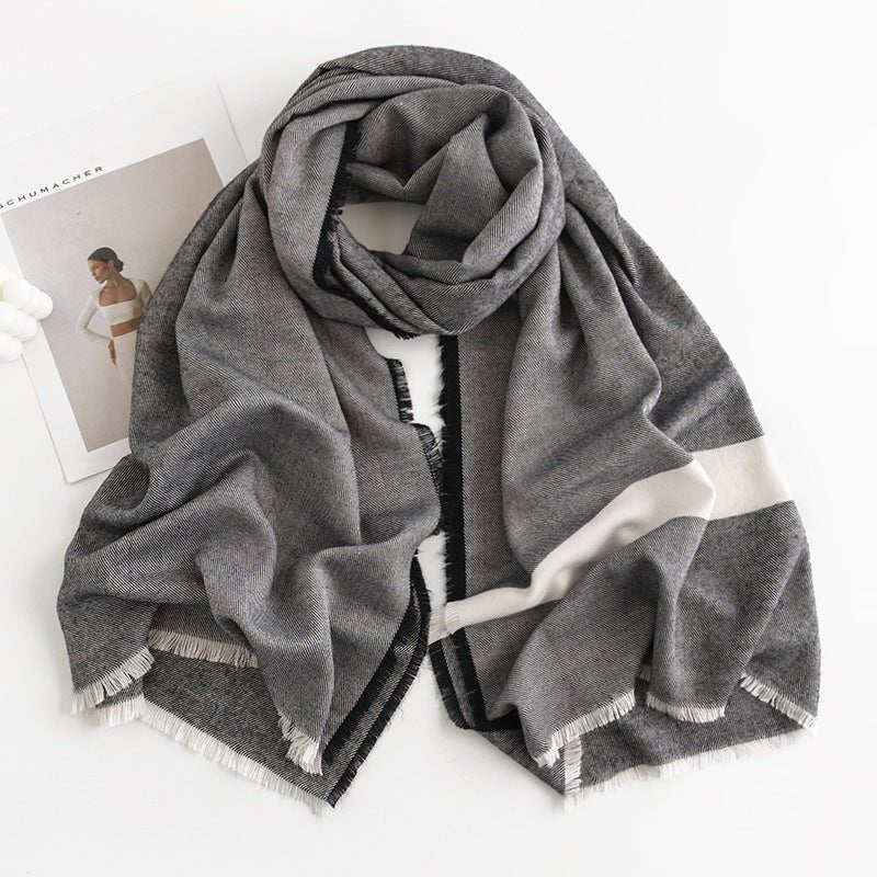 Écharpe à motif chevrons monochrome en cachemire artificiel pour femme, style simple et décontracté, châle chaud avec franges - IVOIRART.COM