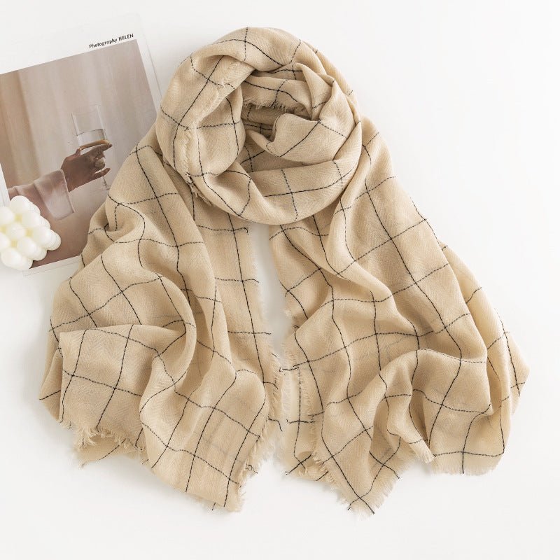 Écharpe à motif chevrons monochrome en cachemire artificiel pour femme, style simple et décontracté, châle chaud avec franges - IVOIRART.COM