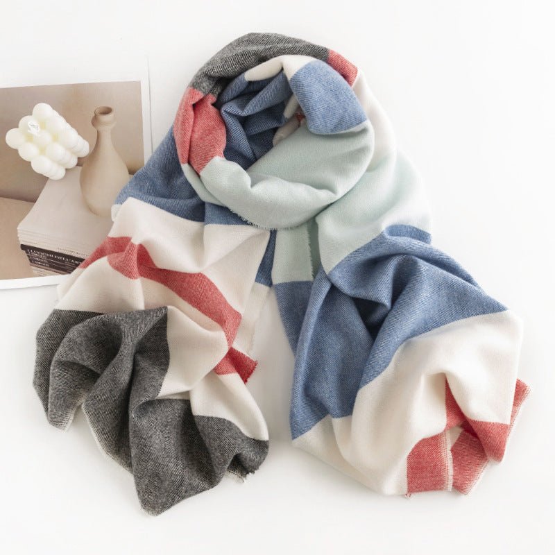 Écharpe à motif chevrons monochrome en cachemire artificiel pour femme, style simple et décontracté, châle chaud avec franges - IVOIRART.COM
