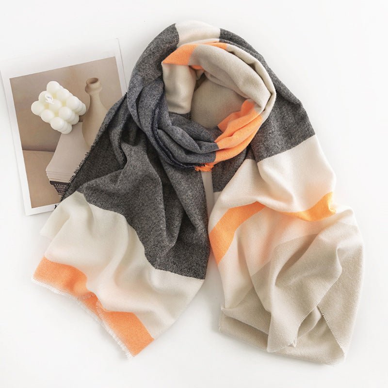 Écharpe à motif chevrons monochrome en cachemire artificiel pour femme, style simple et décontracté, châle chaud avec franges - IVOIRART.COM
