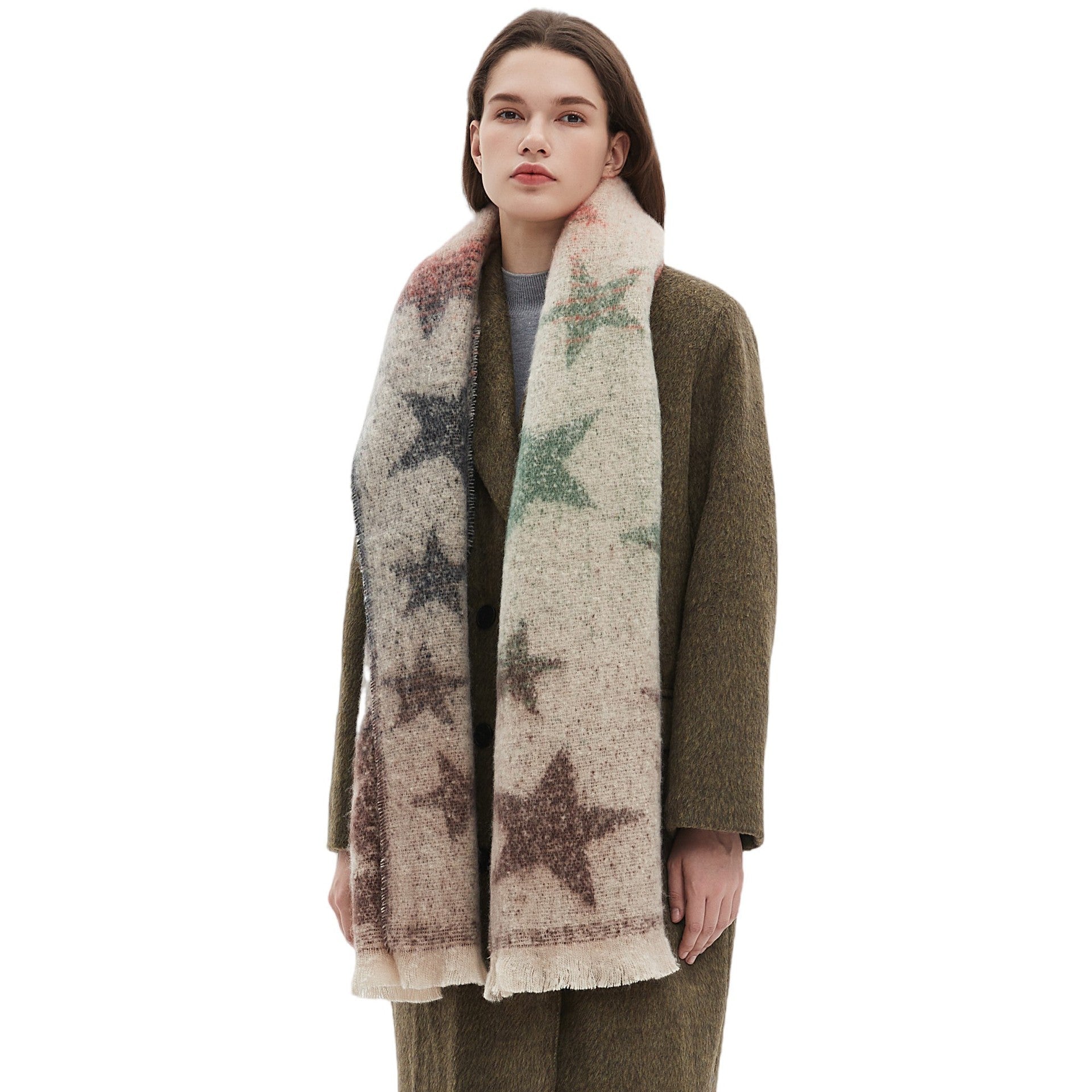 Écharpe Jacquard à Dégradé et Étoile à Cinq Branches en Fil Rond pour Automne Hiver Europe et Amérique - IVOIRART.COM
