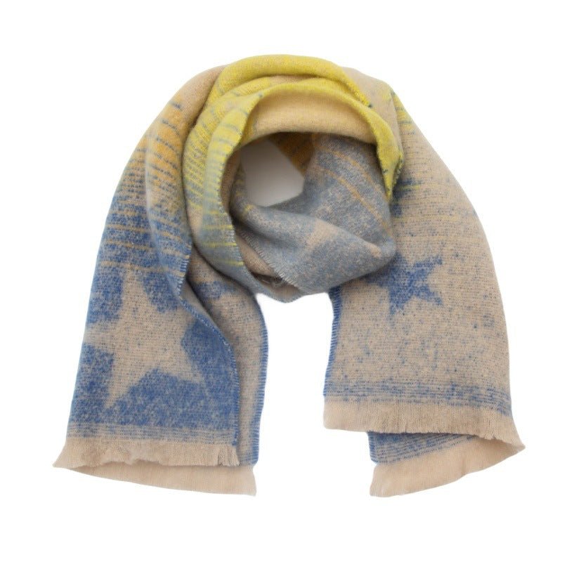 Écharpe Jacquard à Dégradé et Étoile à Cinq Branches en Fil Rond pour Automne Hiver Europe et Amérique - IVOIRART.COM