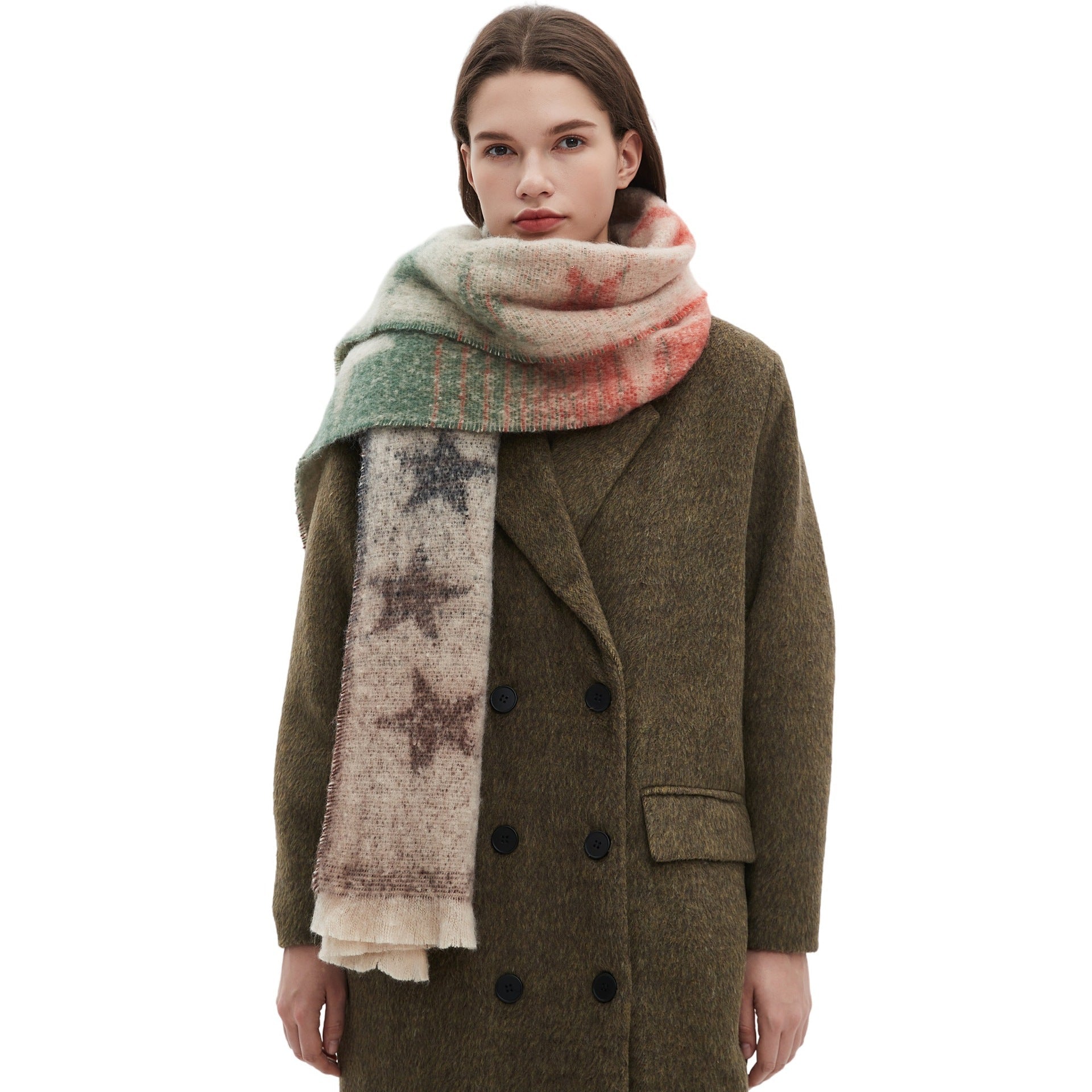 Écharpe Jacquard à Dégradé et Étoile à Cinq Branches en Fil Rond pour Automne Hiver Europe et Amérique - IVOIRART.COM