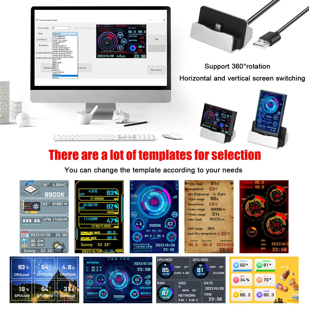 Écran secondaire informatique 8,9 cm IPS grand angle USB châssis avec affichage de date - IVOIRART.COM