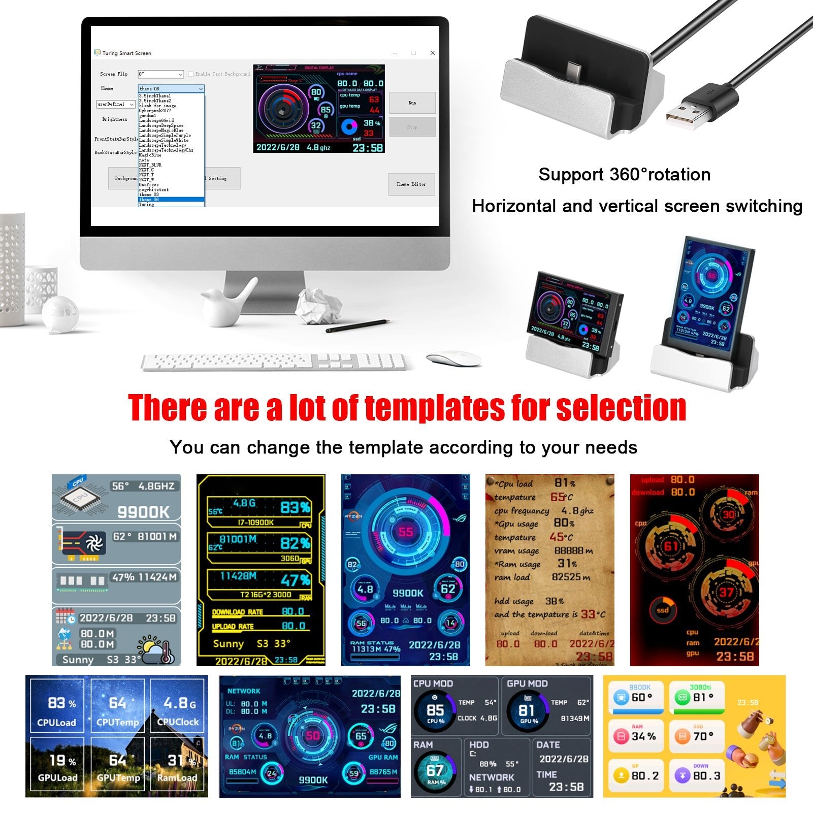 Écran secondaire informatique 8,9 cm IPS grand angle USB châssis avec affichage de date - IVOIRART.COM