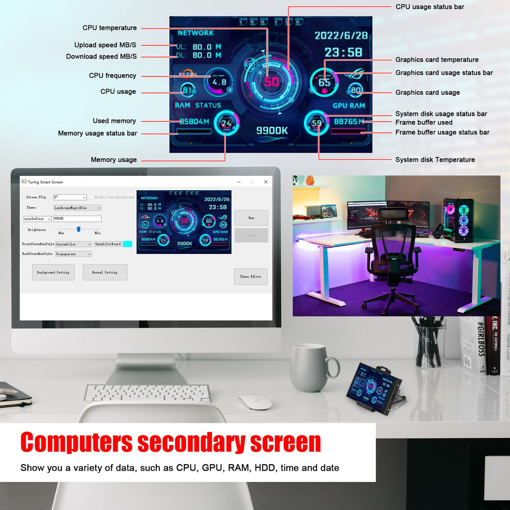 Écran secondaire informatique 8,9 cm IPS grand angle USB châssis avec affichage de date - IVOIRART.COM