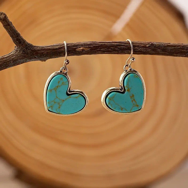 Boucles d’oreilles femme polyvalentes rétro en forme de cœur incrustées de turquoise
