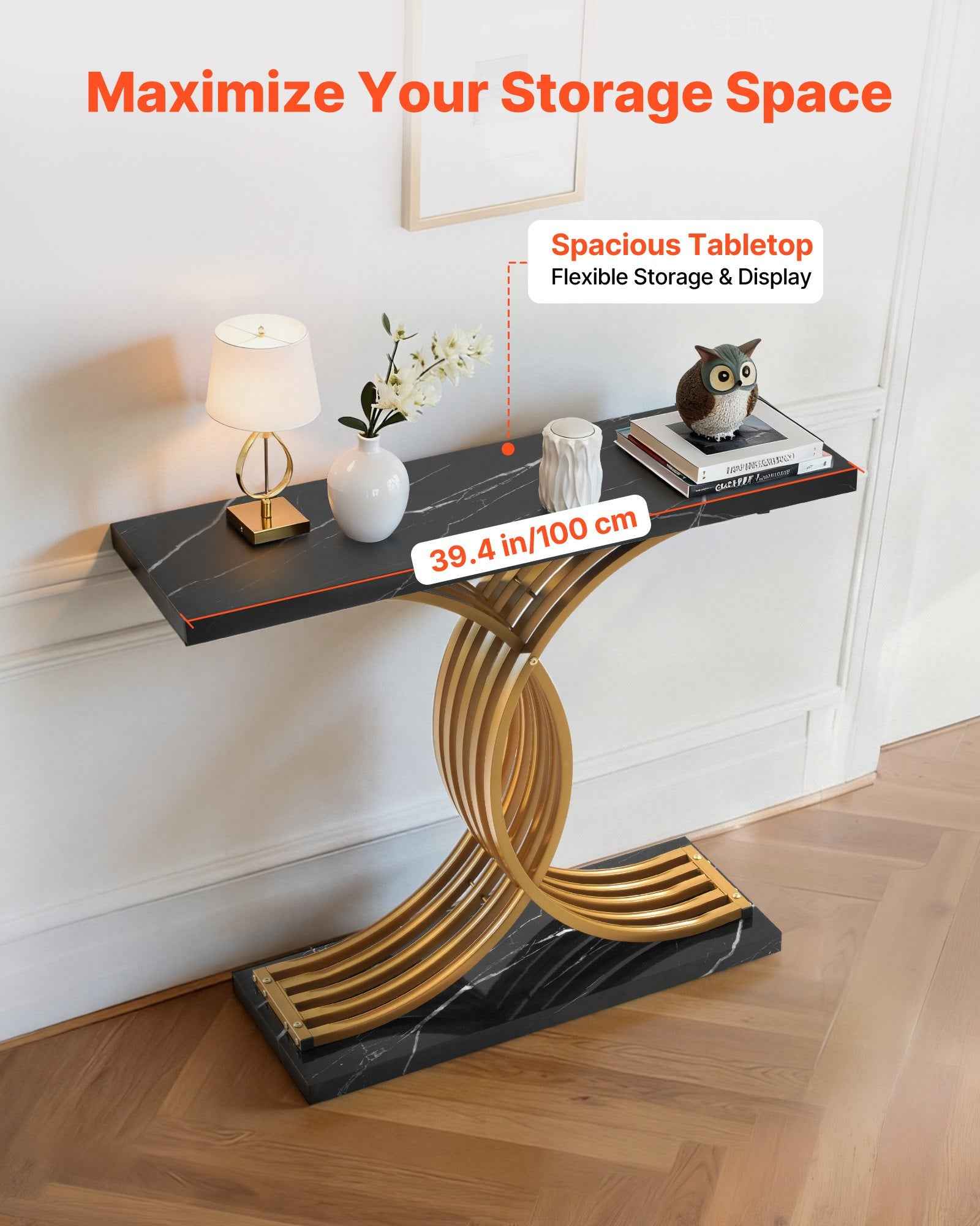 Table Console Dorée de 39 Pouces, Bureau Moderne Derrière le Canapé, Bureau Rectangulaire en Bois pour l'Entrée, Table Accent Longue et Étroite avec Pieds en Métal pour Hall, Chambre, Salon, Foyer, Assemblage Facile - IVOIRART.COM