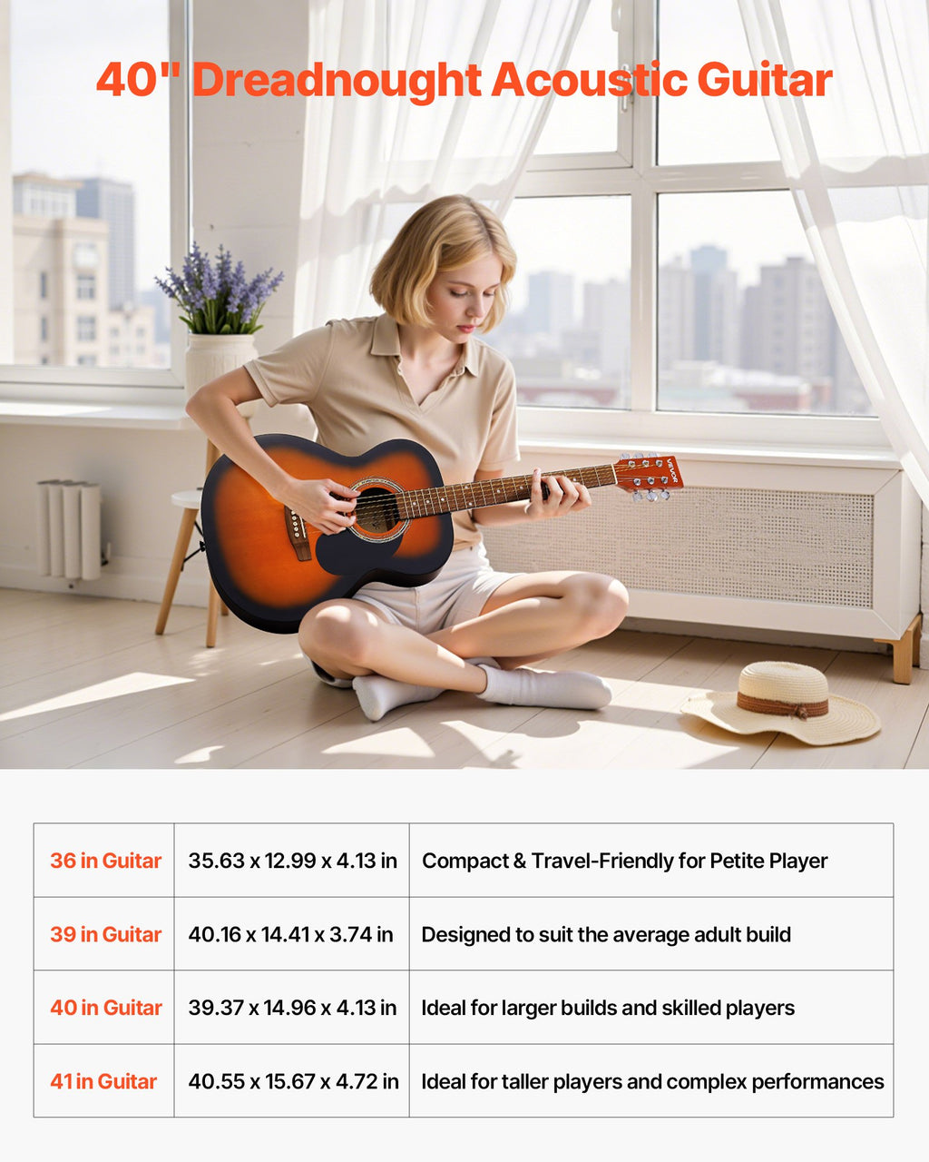 Guitare Acoustique Dreadnought 40 po, 6 cordes Sunburst – Pack Débutant avec Étui, Accordeur, Sangle, Cordes en Acier, Picks, Capodastre, Table et touche en Palissandre Rosewood, Pour Adultes et Joueurs Confirmés