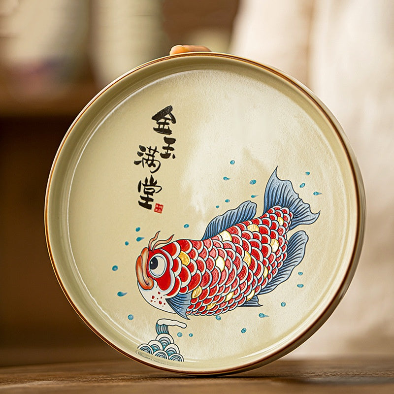 Plateau à thé rond en porcelaine Arowana en bambou gris herbe