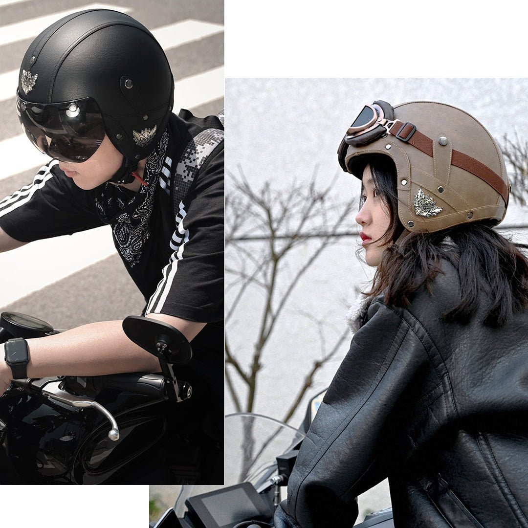 Electric Car Motorcycle Retro Four Seasons Leather Motorcycle Helmet - IVOIRART.COM