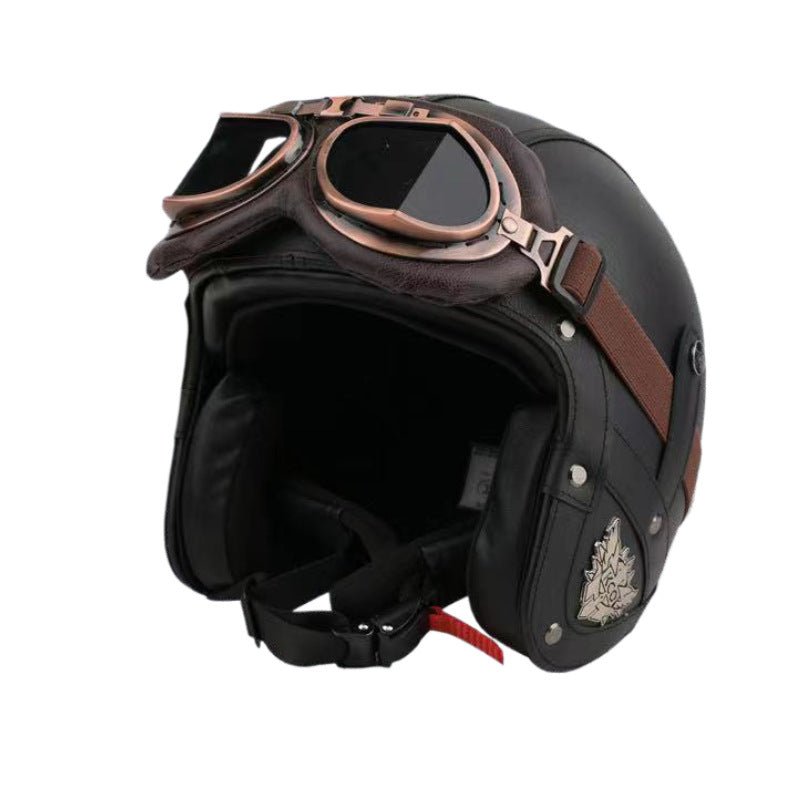 Electric Car Motorcycle Retro Four Seasons Leather Motorcycle Helmet - IVOIRART.COM