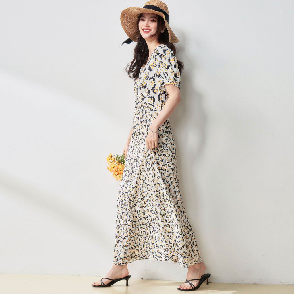 Elegant Graceful Puff Sleeve Lily V-neck Tight Waist Mid-length Dress - IVOIRART.COM