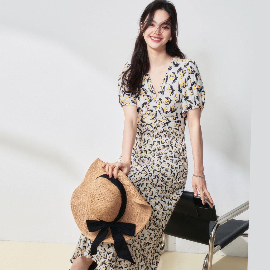 Elegant Graceful Puff Sleeve Lily V-neck Tight Waist Mid-length Dress - IVOIRART.COM