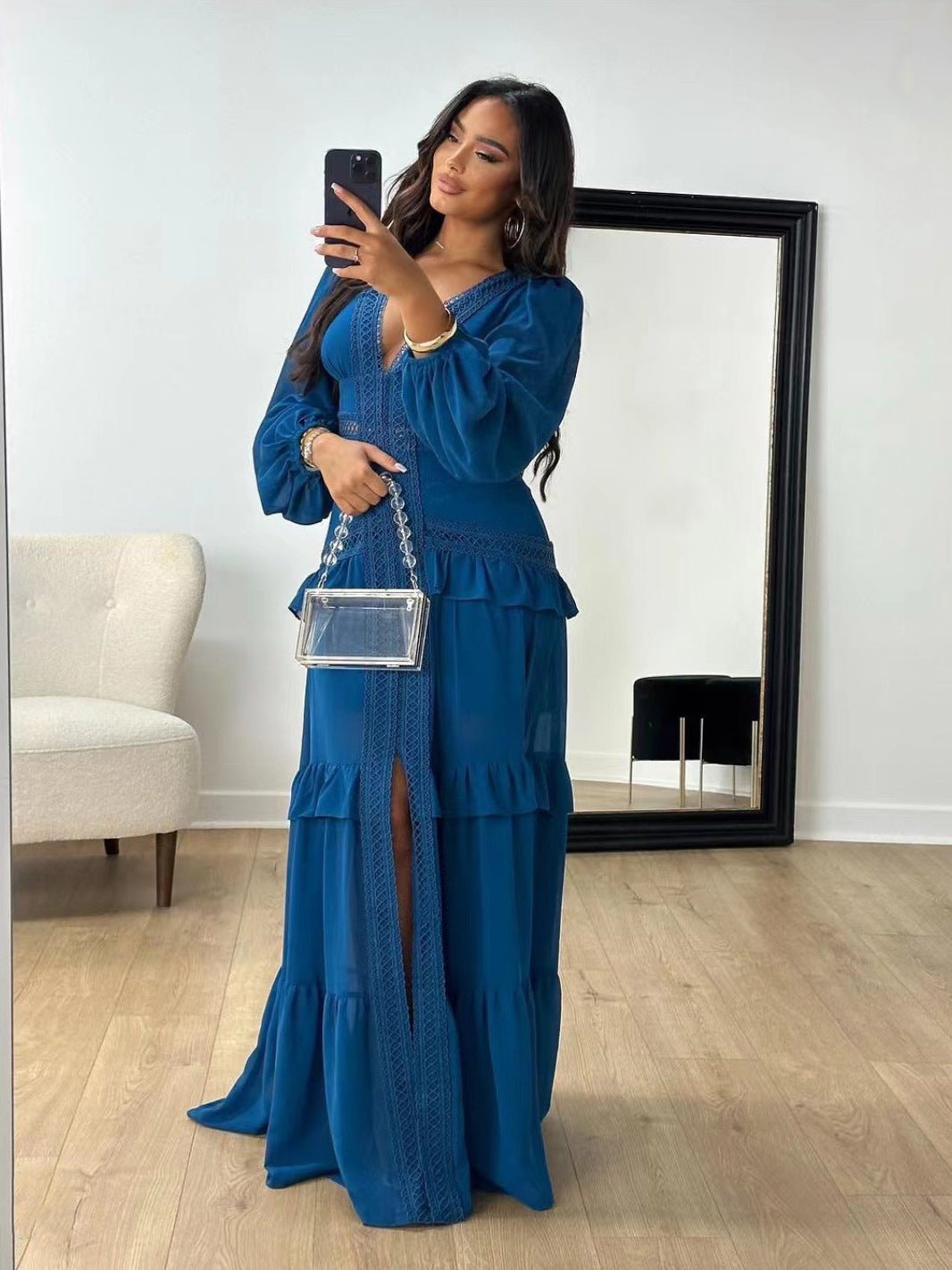 Elegant Stitching Long Sleeve V-neck Dress - IVOIRART.COM