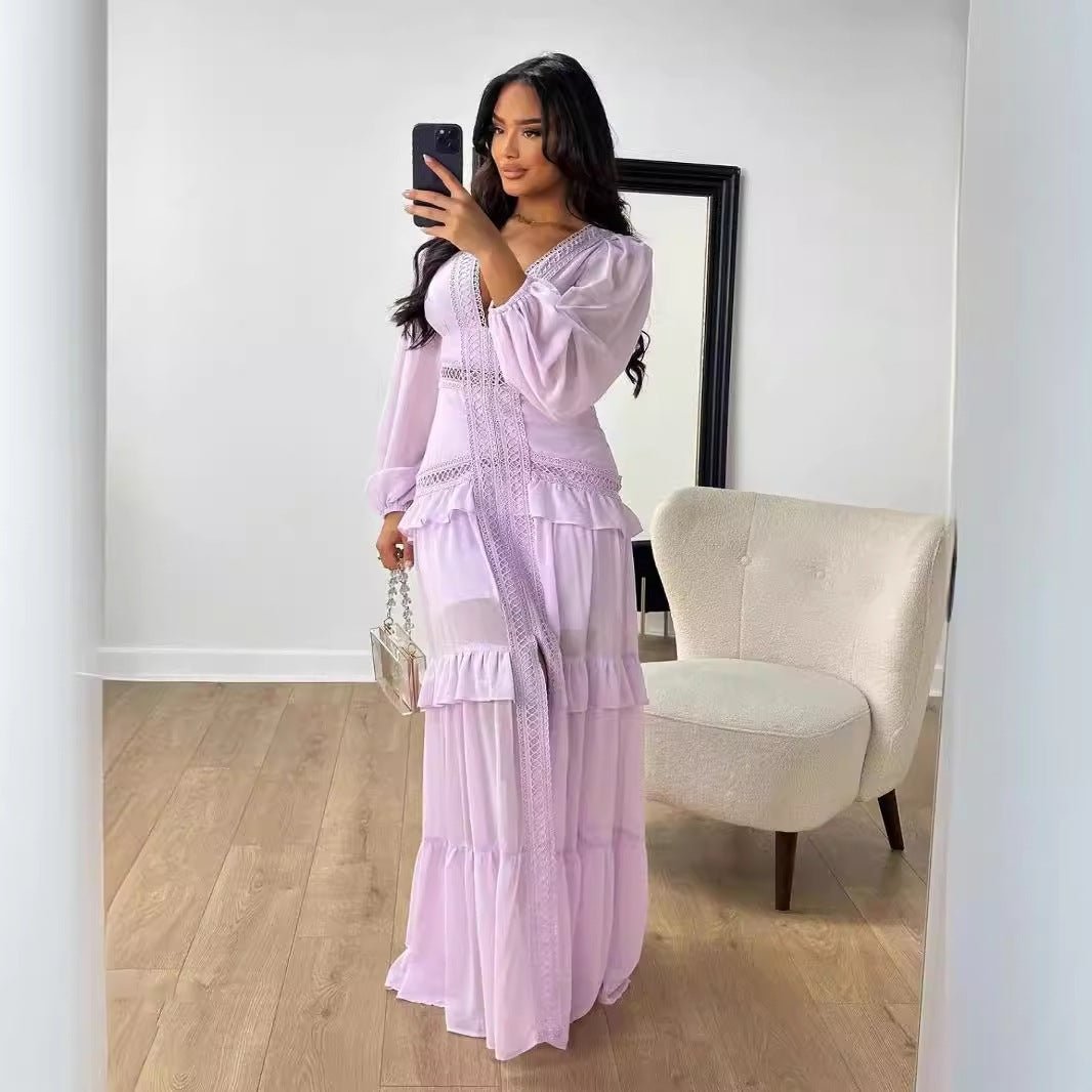 Elegant Stitching Long Sleeve V-neck Dress - IVOIRART.COM