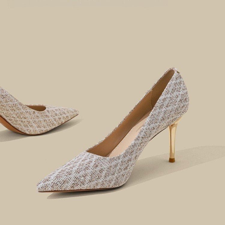 Élégantes Escarpins à Bout Pointu Pailleté, Talon Fin Peu Profond, Chaussures de Mariée Rétro Française Classiques - IVOIRART.COM