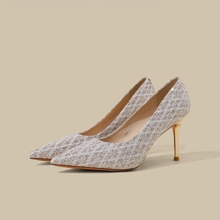 Élégantes Escarpins à Bout Pointu Pailleté, Talon Fin Peu Profond, Chaussures de Mariée Rétro Française Classiques - IVOIRART.COM