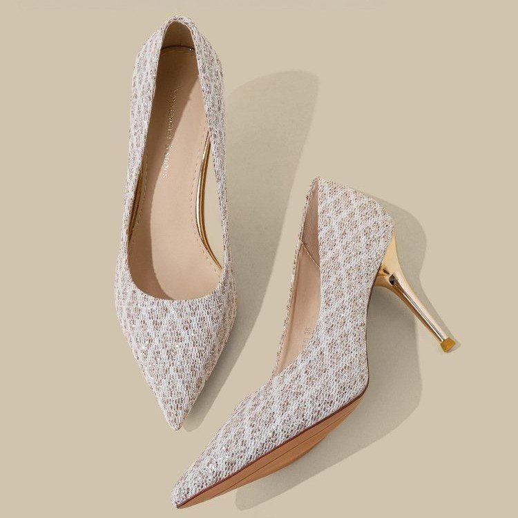 Élégantes Escarpins à Bout Pointu Pailleté, Talon Fin Peu Profond, Chaussures de Mariée Rétro Française Classiques - IVOIRART.COM