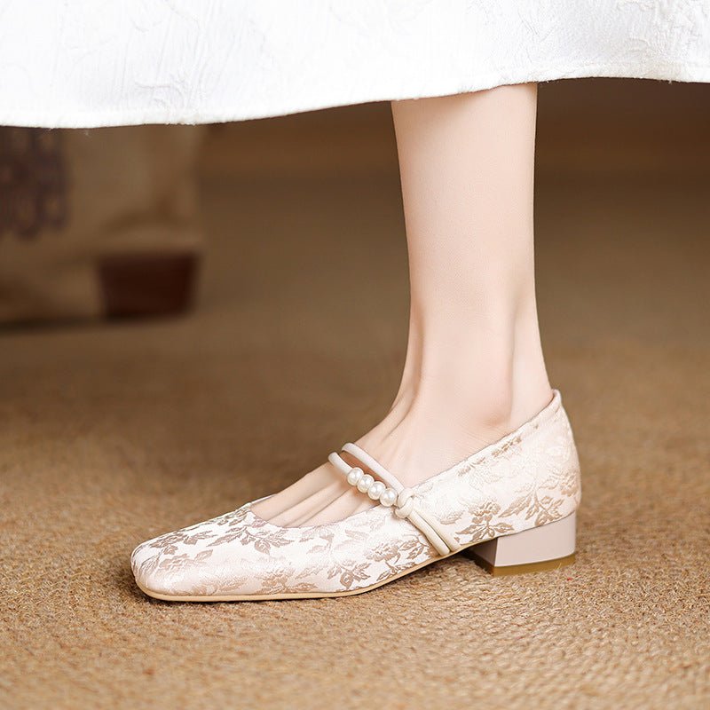 Élégantes escarpins pour femmes style Tang chinois à bout carré et perles - IVOIRART.COM