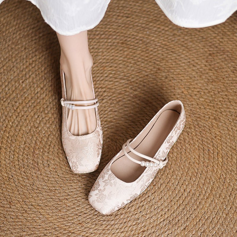 Élégantes escarpins pour femmes style Tang chinois à bout carré et perles - IVOIRART.COM