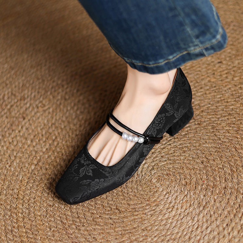 Élégantes escarpins pour femmes style Tang chinois à bout carré et perles - IVOIRART.COM