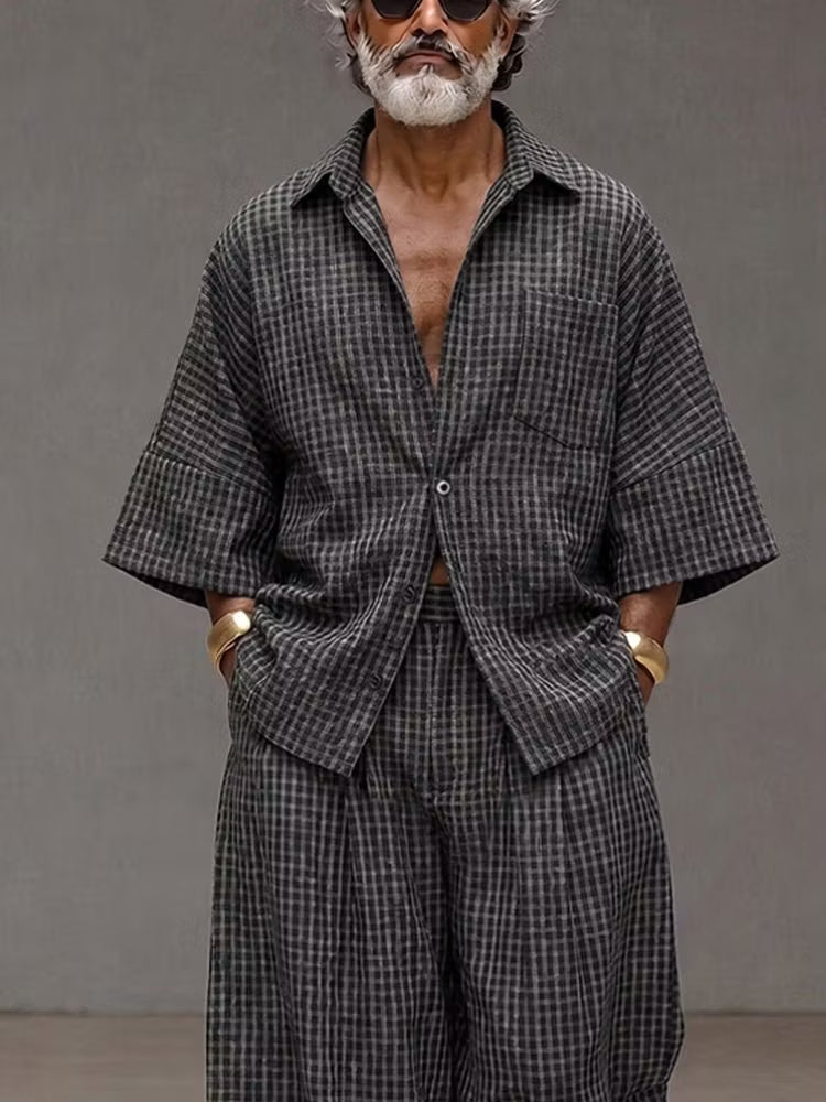Ensemble 2 pièces en polyester: Chemise oversize à carreaux + Pantalon large été - IVOIRART.COM