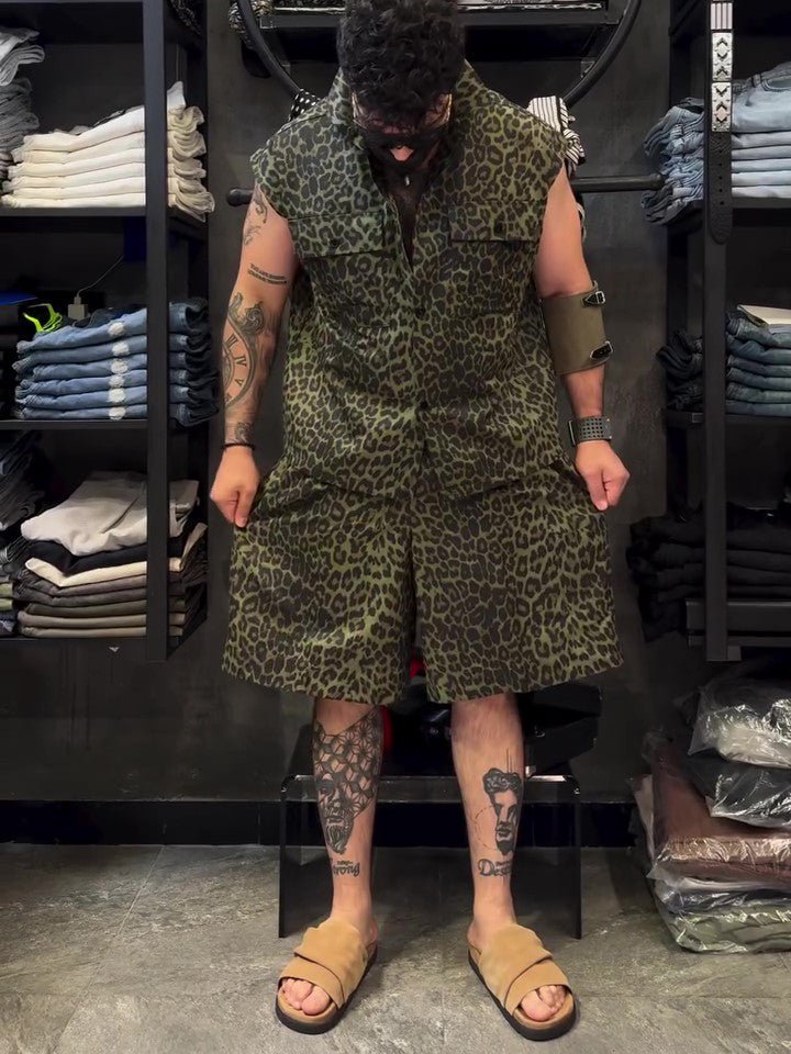 Ensemble 2 pièces léopard sans manches chemise et short ample genou longueur été - IVOIRART.COM