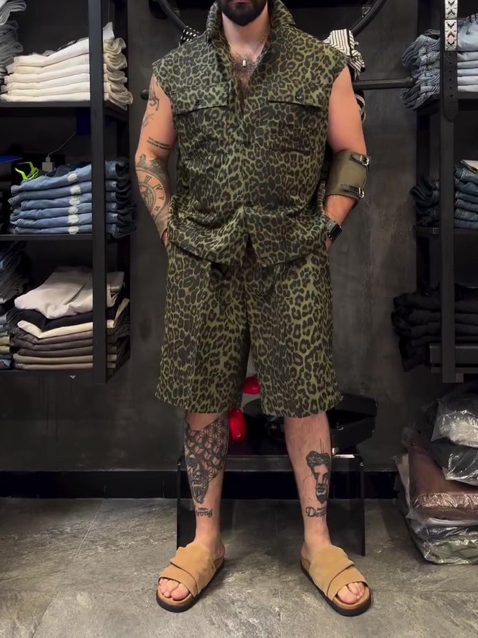 Ensemble 2 pièces léopard sans manches chemise et short ample genou longueur été - IVOIRART.COM