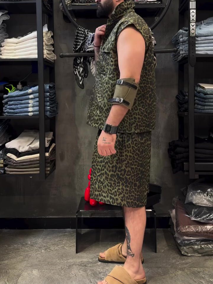 Ensemble 2 pièces léopard sans manches chemise et short ample genou longueur été - IVOIRART.COM