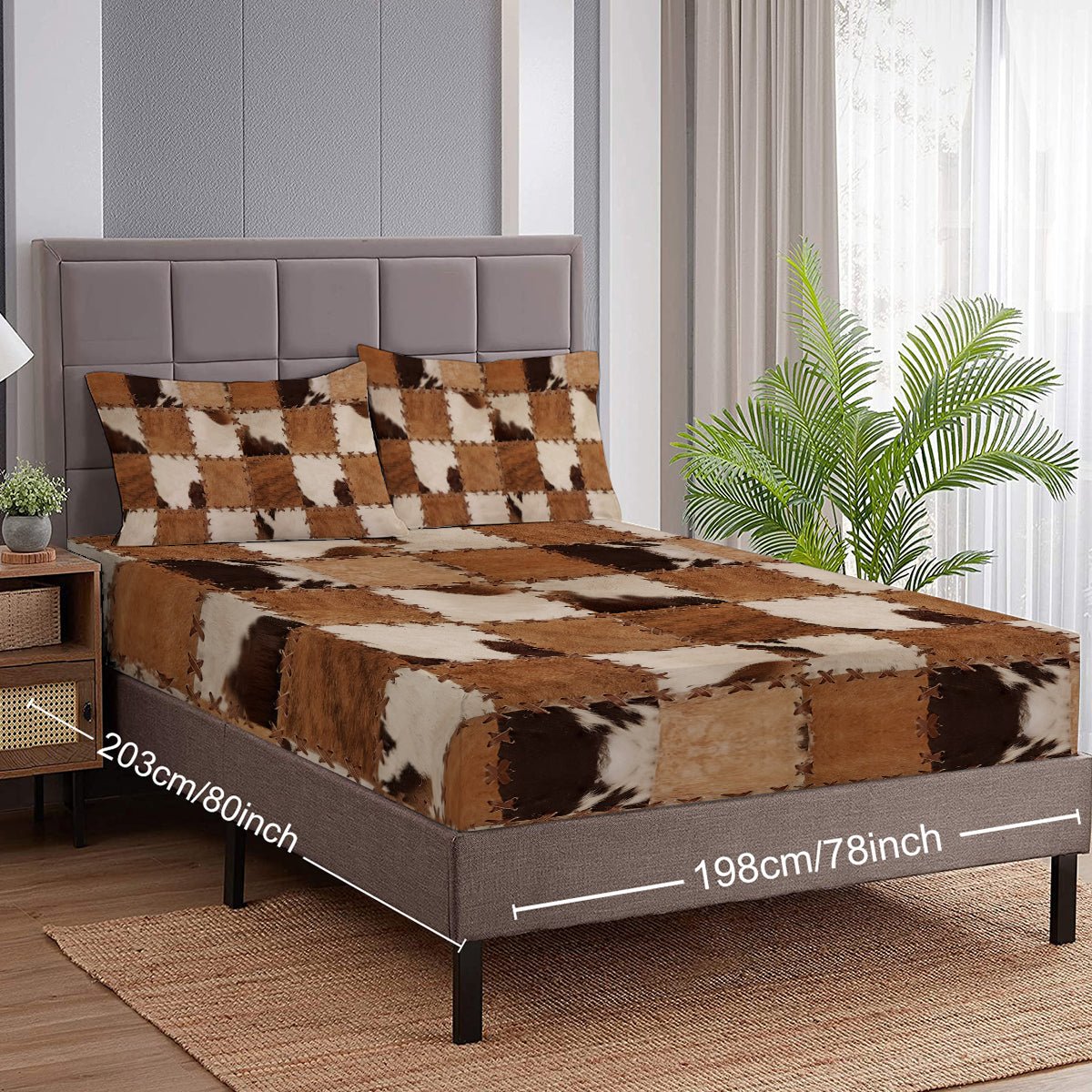 Ensemble 3 pièces Draps - Housses en Simili Cuir Imprimé Marron : 1 Drap - Housse, 2 Taies d'Oreiller - IVOIRART.COM