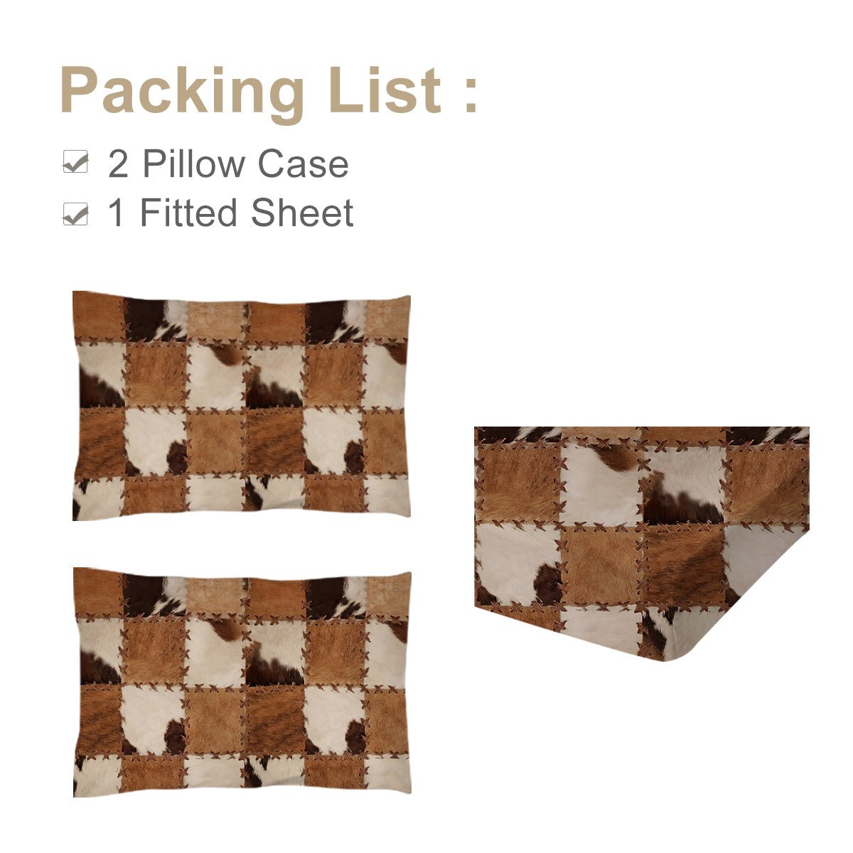 Ensemble 3 pièces Draps - Housses en Simili Cuir Imprimé Marron : 1 Drap - Housse, 2 Taies d'Oreiller - IVOIRART.COM