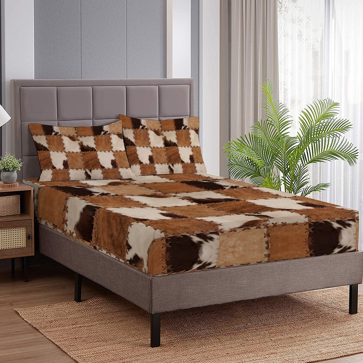 Ensemble 3 pièces Draps - Housses en Simili Cuir Imprimé Marron : 1 Drap - Housse, 2 Taies d'Oreiller - IVOIRART.COM